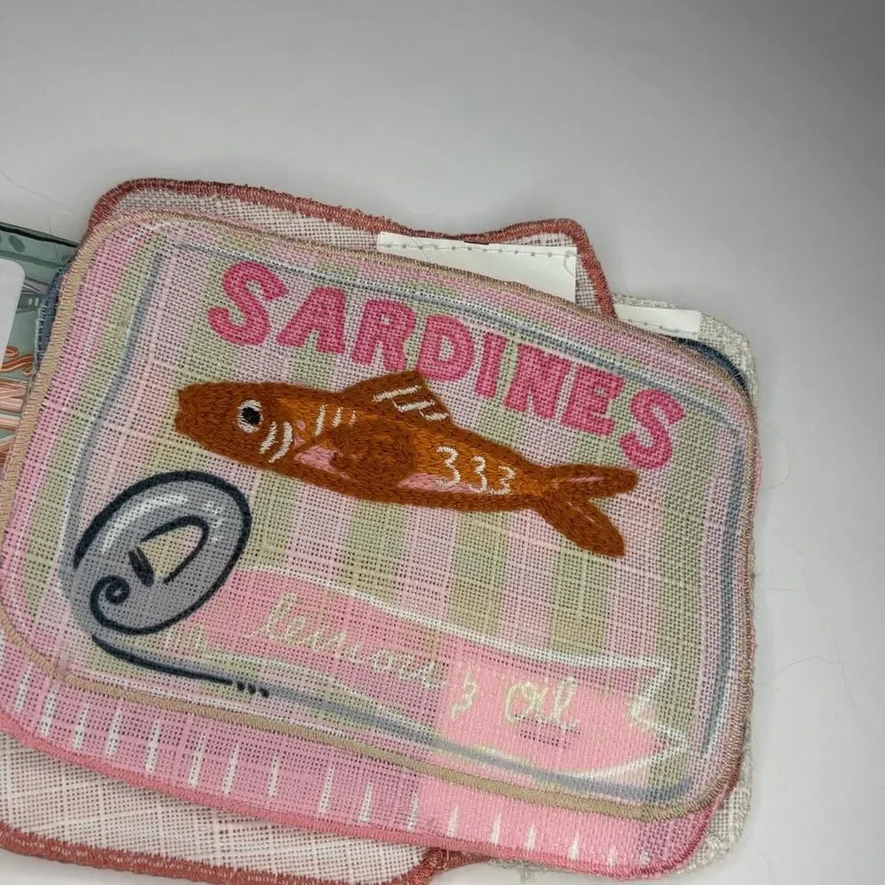 Envogue Set of 4 Cocktail Napkins Embroidered Sardines Anchovies NWT